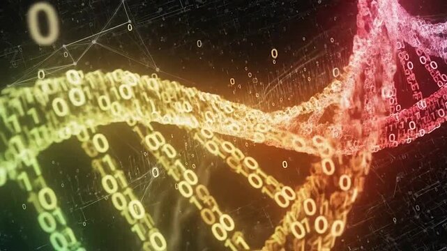 A glowing digital double helix structure on a dark background