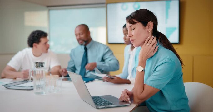 Laptop, meeting or woman with neck pain in creative agency, muscle strain or campaign project pressure. Burnout, research or manager with pc for proposal review, typing or bad posture for discomfort