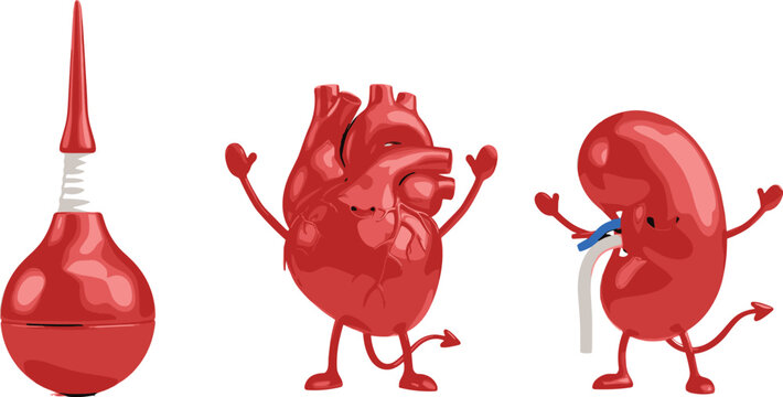 Funny Human Organ Cartoon Characters Featuring Heart and Kidney with Devil Tails Next to a Red Enema Syringe Vector Set for Medical Satire Designs