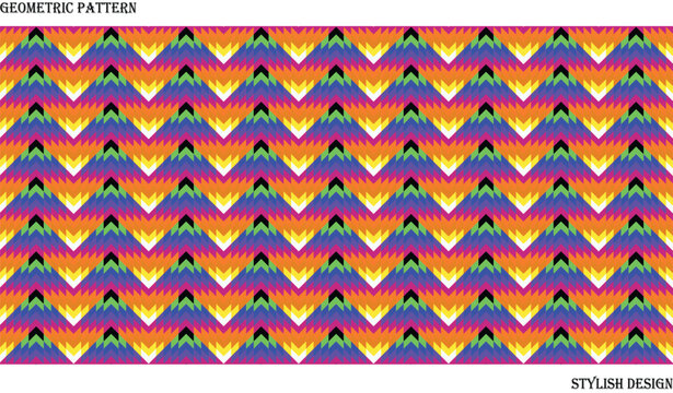Seamless geometric pattern with vibrant zigzag chevron stripes in rainbow colors, abstract textile design