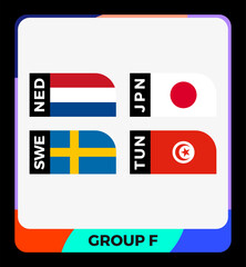 Fototapeta premium Group F sports stage featuring the national flags and country codes for Netherlands, Japan, Sweden, Tunisia.