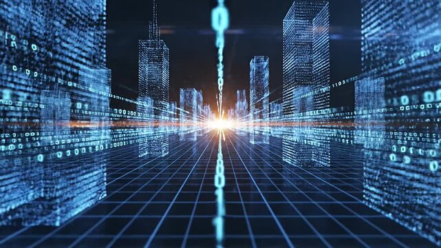 Digital cityscape data stream and modern urban architecture concept