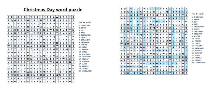 Christmas word seek puzzle sheet featuring a holiday word search with 20 winter words and answer key for children education and family fun concept