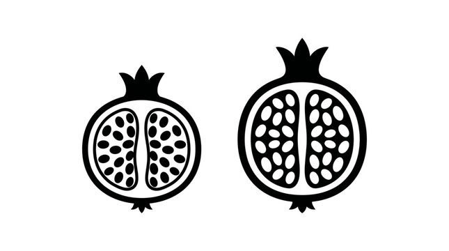 Stylized graphic icons of whole and sliced pomegranate fruit with seeds
