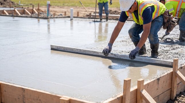 Worker screeding concrete slab, Fresh house foundation pour, Smooth wet cement surface, Residential construction finishing, Professional concrete work, Copy space