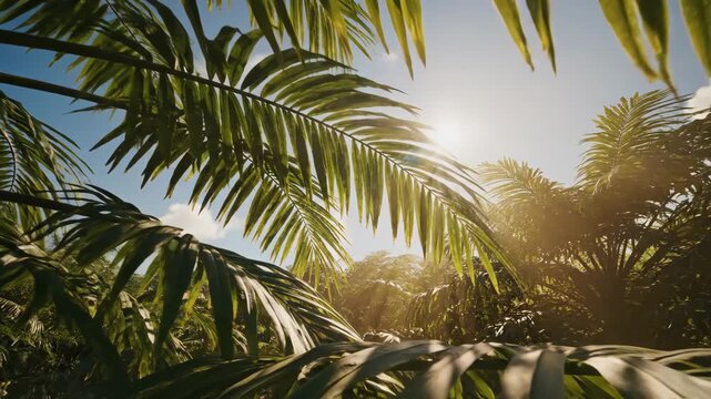 Lush tropical palm leaves with bright sun rays filtering through the canopy, creating a vibrant jungle atmosphere.