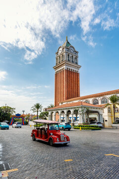 Phu Quoc, Vietnam - January 3 2026: Mediterranean clock tower square in Sunset Town Phu Quoc