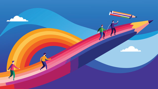 Group of people walking on a colorful rainbow pencil path, illustration of creative journey and teamwork, vibrant concept of education and artistic achievement towards goals.