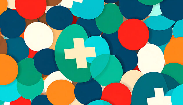 Assortment of colorful flat circles and rounded squares with subtle shadows, featuring a central teal shape with a plus sign element, playful abstract background