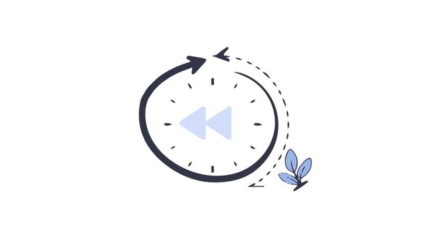 Rewind Clock Icon with Arrows and Plant - Time Travel Concept