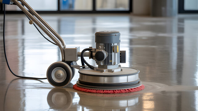 A floor buffer machine is being used to clean and polish a shiny floor in a large room