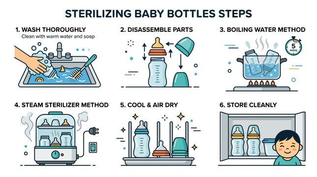 Baby bottle sterilization steps infographic showing how to clean and sanitize infant feeding equipment properly now