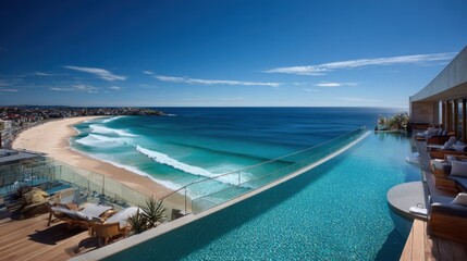 Obraz premium Luxurious rooftop infinity pool overlooks a sweeping ocean beach on a clear sunny day