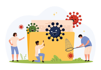 Obraz premium Tiny people confronting dangerous computer viruses attacking a digital file folder, symbolizing cybersecurity threats, malware risks, and data protection in flat style isolated vector illustration