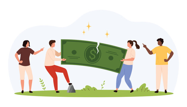 Group of diverse people fighting and pulling apart a large broken money bill, representing financial conflict, disagreement, and competition in a flat isolated vector illustration