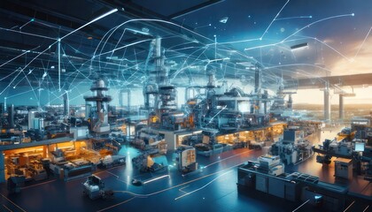 Naklejka premium Futuristic Smart Factory with Advanced Automation and Digital Network.