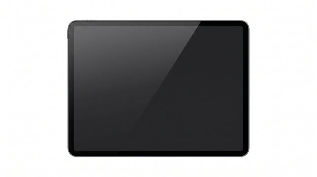 Modern digital tablet hardware mockup with blank black display isolated on white background / Large screen tablet computer template with realistic corner reflections / Clean electronic pad screen mock