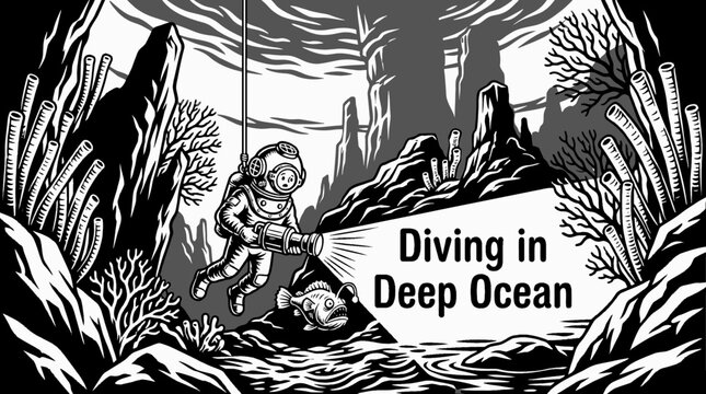 diver exploring the deep ocean alone representing black and white vector underwater adventure and extreme water sport