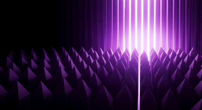 Abstract 3d background with a field of purple pyramid shapes and a glowing vertical light beam in the center imagine studio