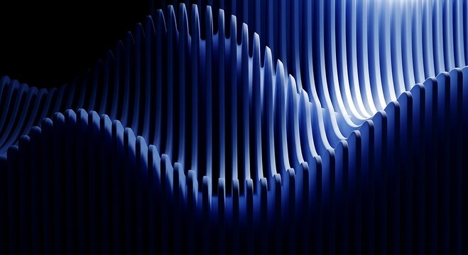 Abstract 3d background with blue vertical wavelike panels, creating a rhythmic and modern architectural pattern with soft lighting and deep shadows imagine studio