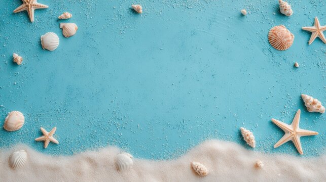 Assortment of seashells and starfish frame a textured tropical ocean blue background with white sand