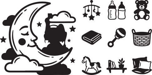 Obraz premium Baby Nursery Moon Sleeping Silhouette Vector Icons Set