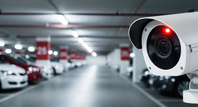 Cctv surveillance camera in modern indoor parking garage with glowing red status light.