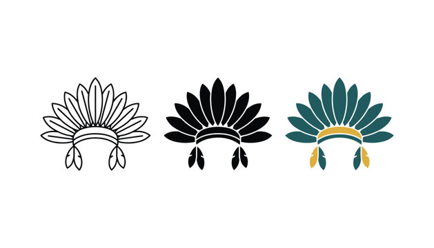Traditional Native American feathered headdress icon set in line art solid black and flat color vector styles