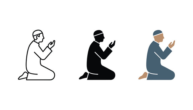 Muslim man praying in kneeling position icon set in outline solid black and flat color styles for religious worship and spiritual practice graphics isolated on white