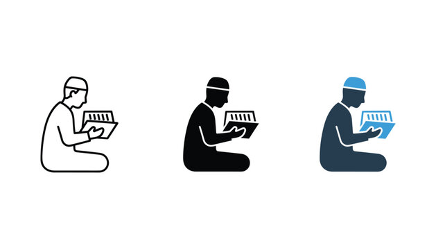 Muslim man sitting on floor reading a book icon set in outline solid black and flat color styles for religious practice and spiritual study applications