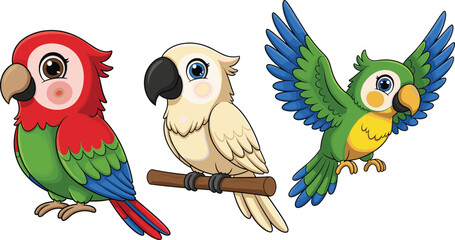Cute Tropical Parrot Character Set Featuring Red Macaw, White Cockatoo on Perch, and Flying Green Parakeet Vector Illustration for Kids Safari Graphic Designs © MstBabli