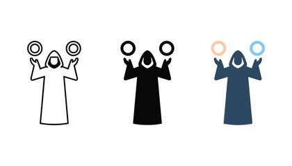 Mysterious robed figure juggling glowing spheres in line art black silhouette and flat color design styles for fantasy and magic themes © TARU STOCKPLC