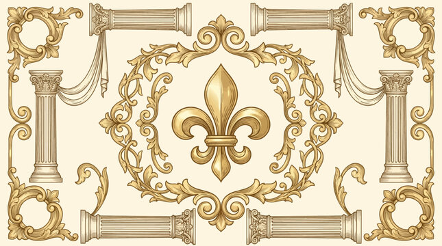 Ornate gold fleurde lis design with columns and swirls on cream