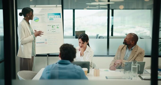 Presentation, meeting and business woman in office with team for company profit, revenue or dividend. Discussion, graphs and financial manager with research for investment, budget or planning