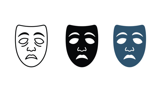 Three theatrical drama masks showing sad expressions in line art silhouette and flat color design styles for stage performance and acting concepts