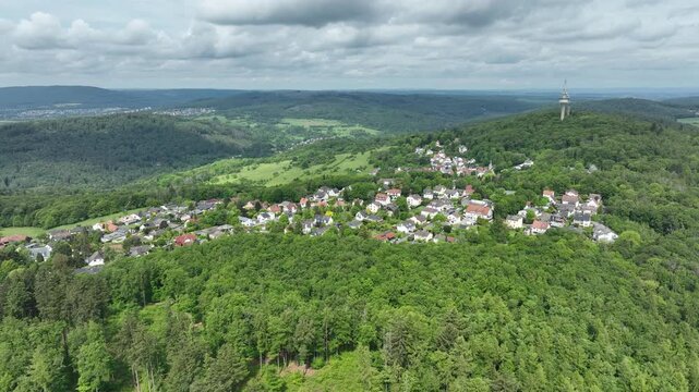 Cinematic drone footage showing Kelkheim-Eppenhain in the Taunus mountains of Hesse, Germany