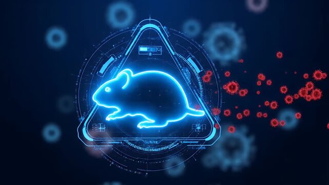 Hantavirus rodent vector digital concept with a glowing mouse and red virus particle