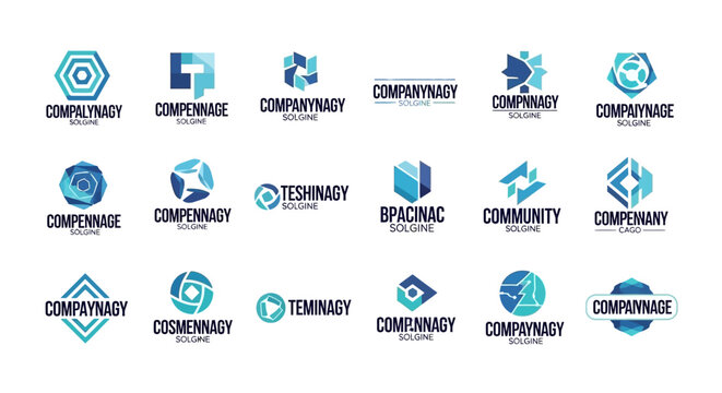 Collection of modern blue geometric corporate logo designs and branding identity icons for business and technology companies