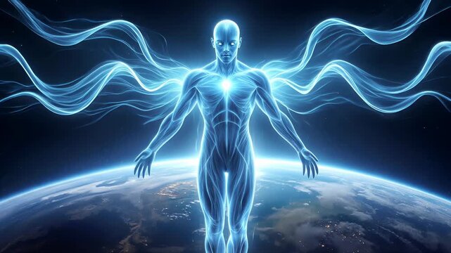 Ethereal energy being floating above planet earth in outer space. Cinematic wide shot with subtle camera movement.