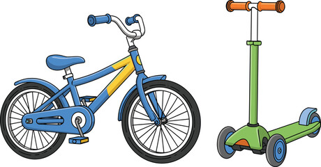 Kids Bicycle and Kick Scooter Vector Illustration Set for Childhood Outdoor Activities, Toy Store Advertising, and Active Lifestyle Designs © MstBabli