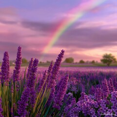 Fototapeta premium Dreamy lavender field beneath a soft pastel rainbow during sunset.