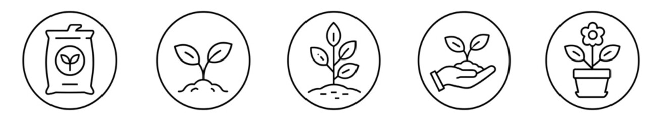 Set of five line icons representing seed bag, seedling, plant, hand holding seedling, and flower pot with blooming flower on transparent background © Ярослав Дацко
