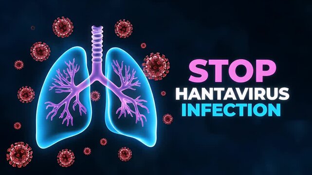 Hantavirus infection awareness showing human lungs and virus cell on dark background