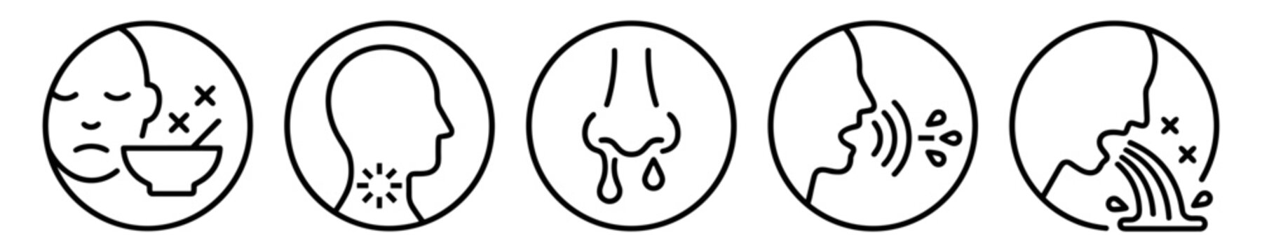 Set of line icons representing common cold and flu symptoms including fever, sore throat, runny nose, coughing, and vomiting on transparent background