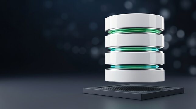 A floating multi tiered white ceramic and platinum database tower emitting emerald green and cyan light, cloud computing and remote servers node