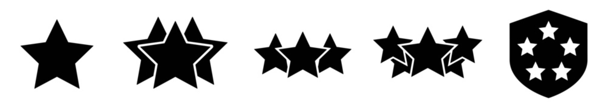 Black star and shield icons set with various star designs and arrangements isolated on white background on transparent background