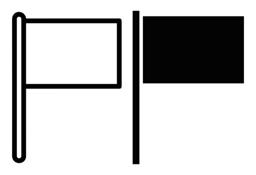 Simple black and white flag icon set with two different flag shapes on poles on transparent background