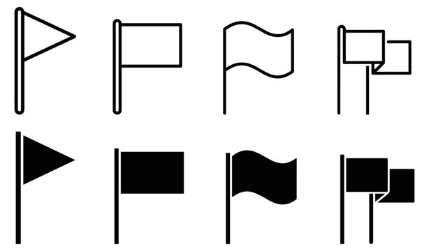 Set of simple black and white flag icons with different shapes and styles on transparent background