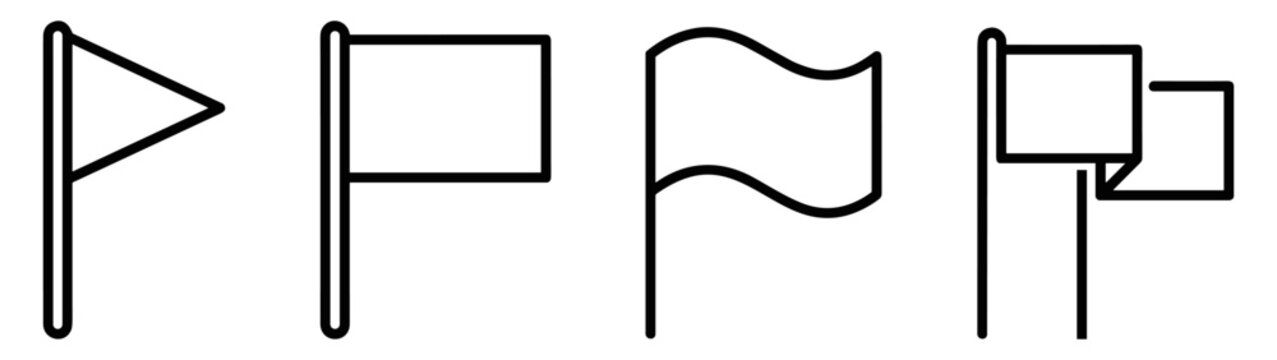 Set of four different outlined flag icons including triangle, rectangle, waving, and double rectangle flags on transparent background
