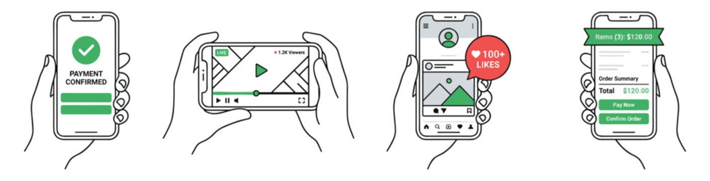 Set of hand holding smartphone with online payment confirmation, live video streaming, social media likes, and order summary screen illustrations on transparent background